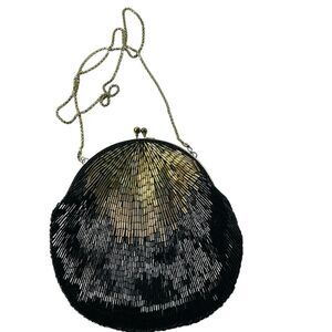 Vintage La Regale  Black Gold Bronze Beaded Evening Bag Purse Kiss Clasp Chain